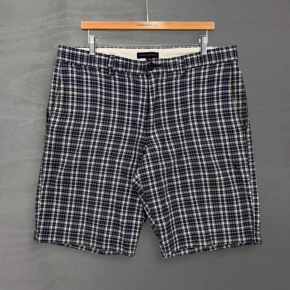 Banana Republic Shorts Navy Blue Plaid Cotton Flat Front Mens 36